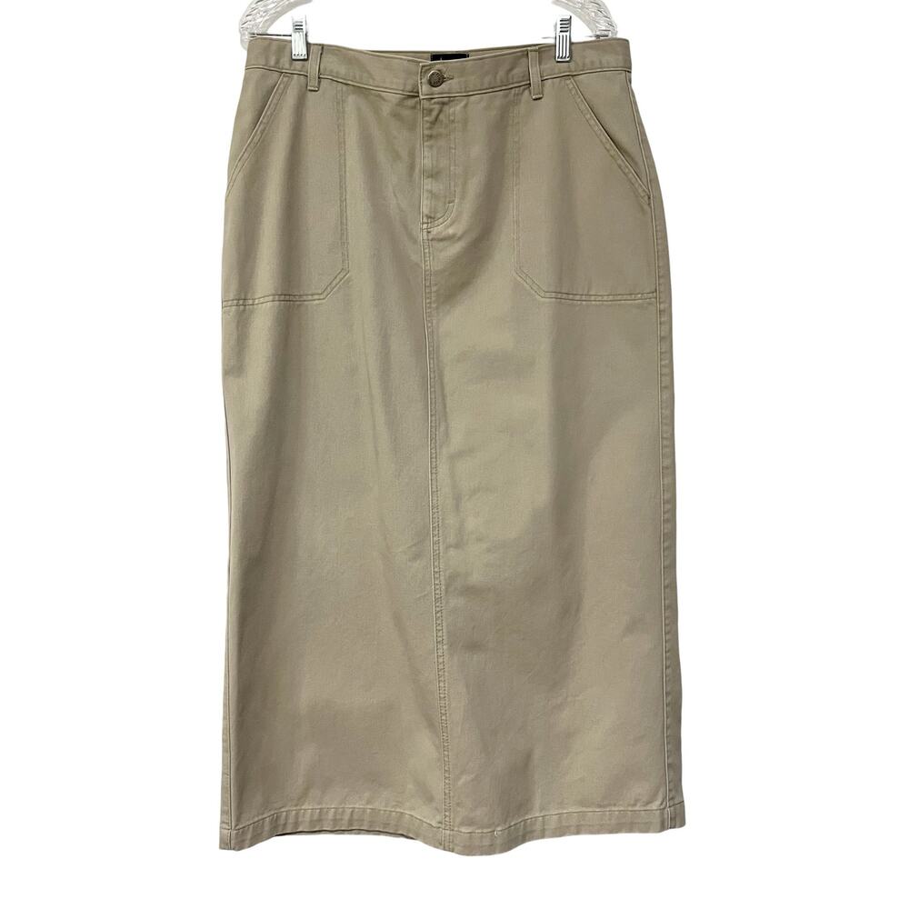 Vintage Lee Womens Khaki Midi Skirt Size 16 100% Cotton Classic Modest Straight